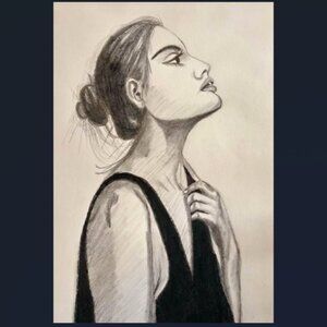 Anticipation, charcoal drawing on paper wall art 9”x12” woman home decor